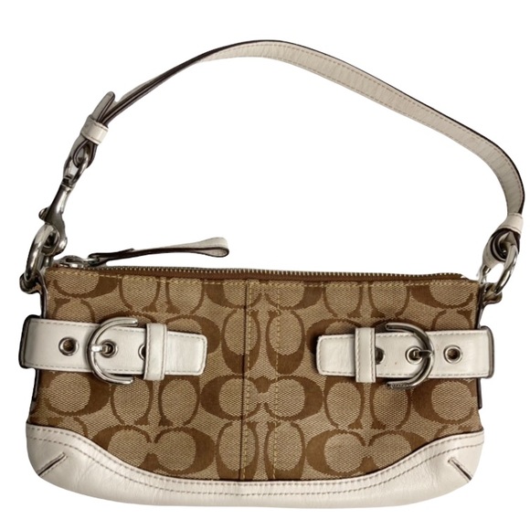 Vintage COACH 5107 Khaki Tan Signature Canvas & White Leather Mini Hobo Buckle